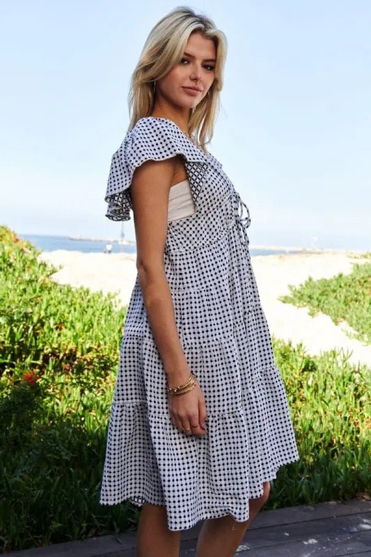 Davi & Dani Jacquard V - Neck Flutter Cap Sleeve Tiered Dress