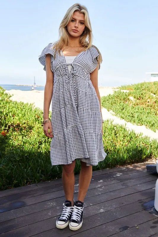 Davi & Dani Jacquard V - Neck Flutter Cap Sleeve Tiered Dress