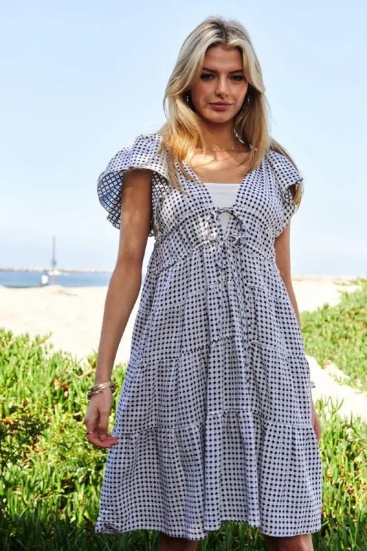 Davi & Dani Jacquard V - Neck Flutter Cap Sleeve Tiered Dress