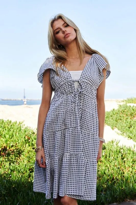 Davi & Dani Jacquard V - Neck Flutter Cap Sleeve Tiered Dress