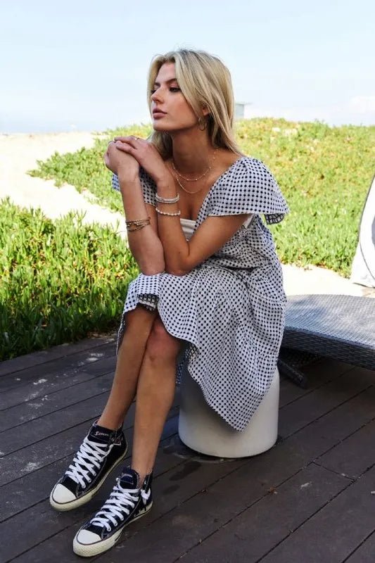Davi & Dani Jacquard V - Neck Flutter Cap Sleeve Tiered Dress