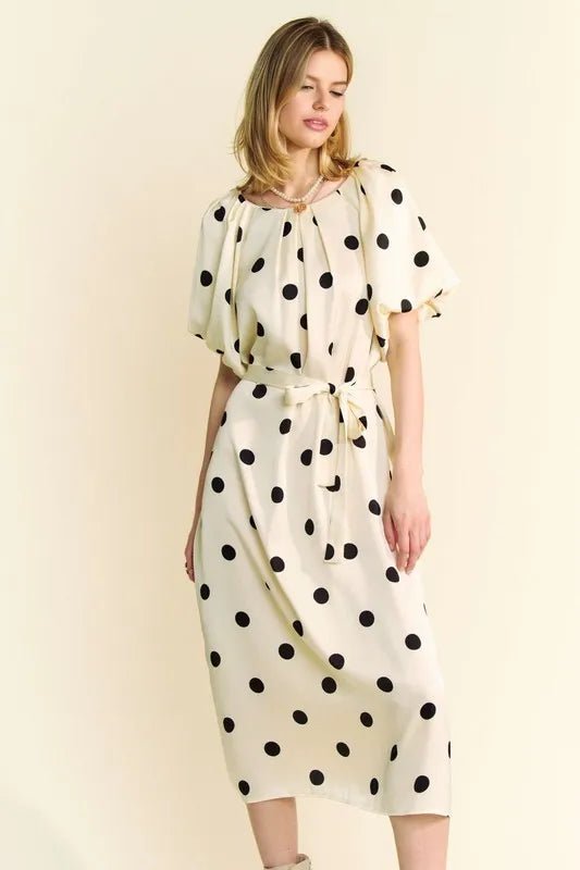 Davi & Dani Polka Dot Puff Sleeves Waist Tie Midi Dress