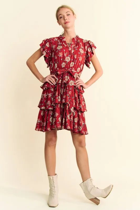 Davi & Dani Ruffle Flutter Sleeve Tie Belt Tiered Mini Dress