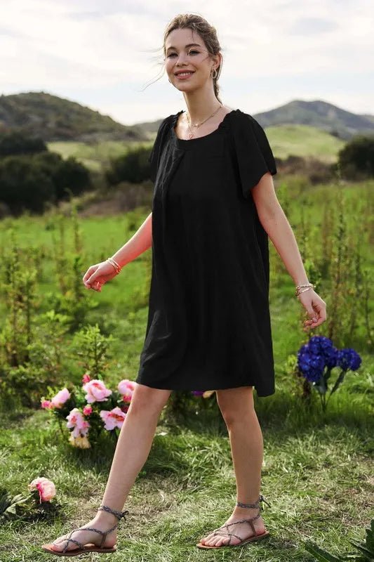 Davi & Dani Textured Ruffle Boat Neck Shift Dress