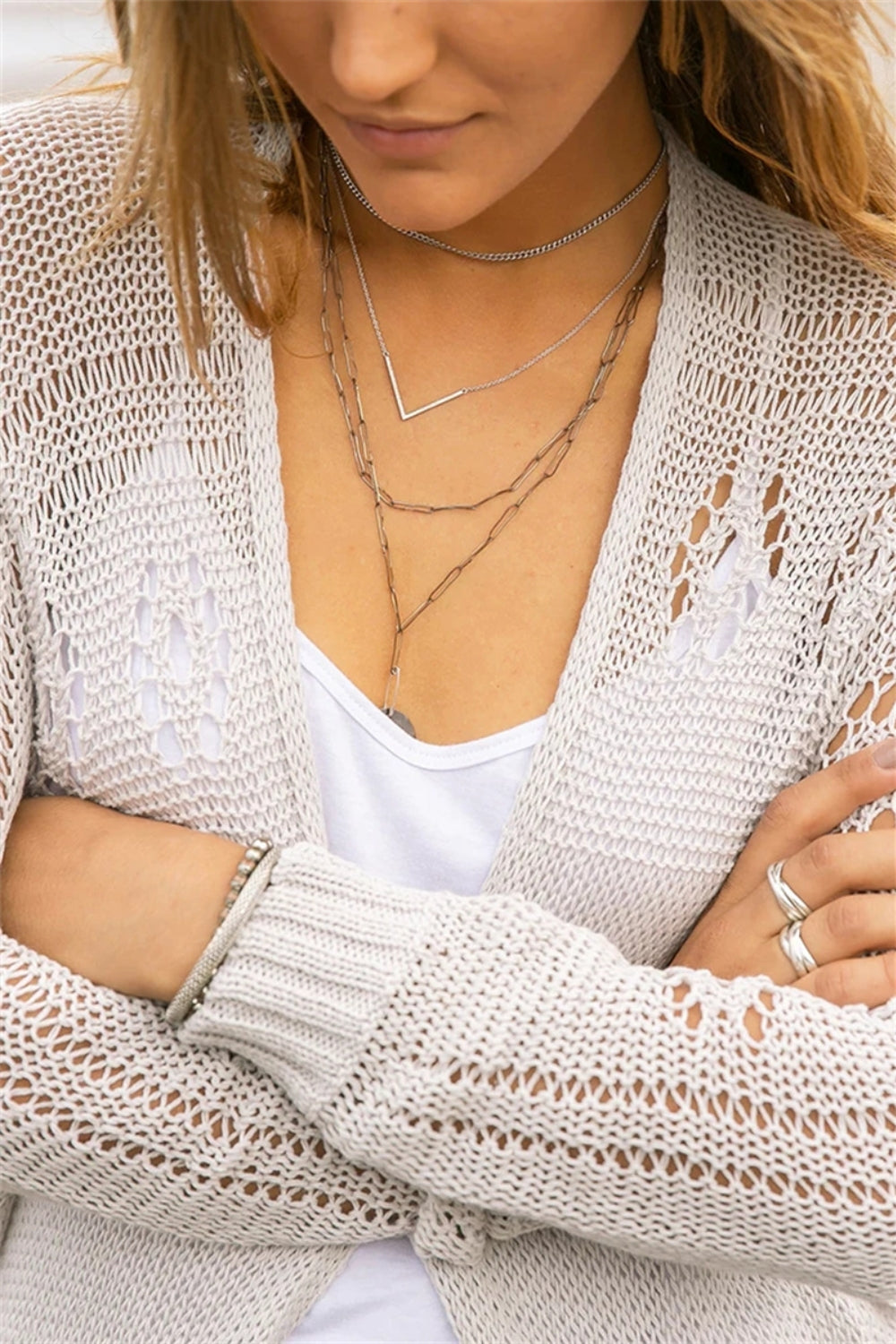 Openwork Side Slit Open Front Long Sleeve Cardigan - Classique Collection