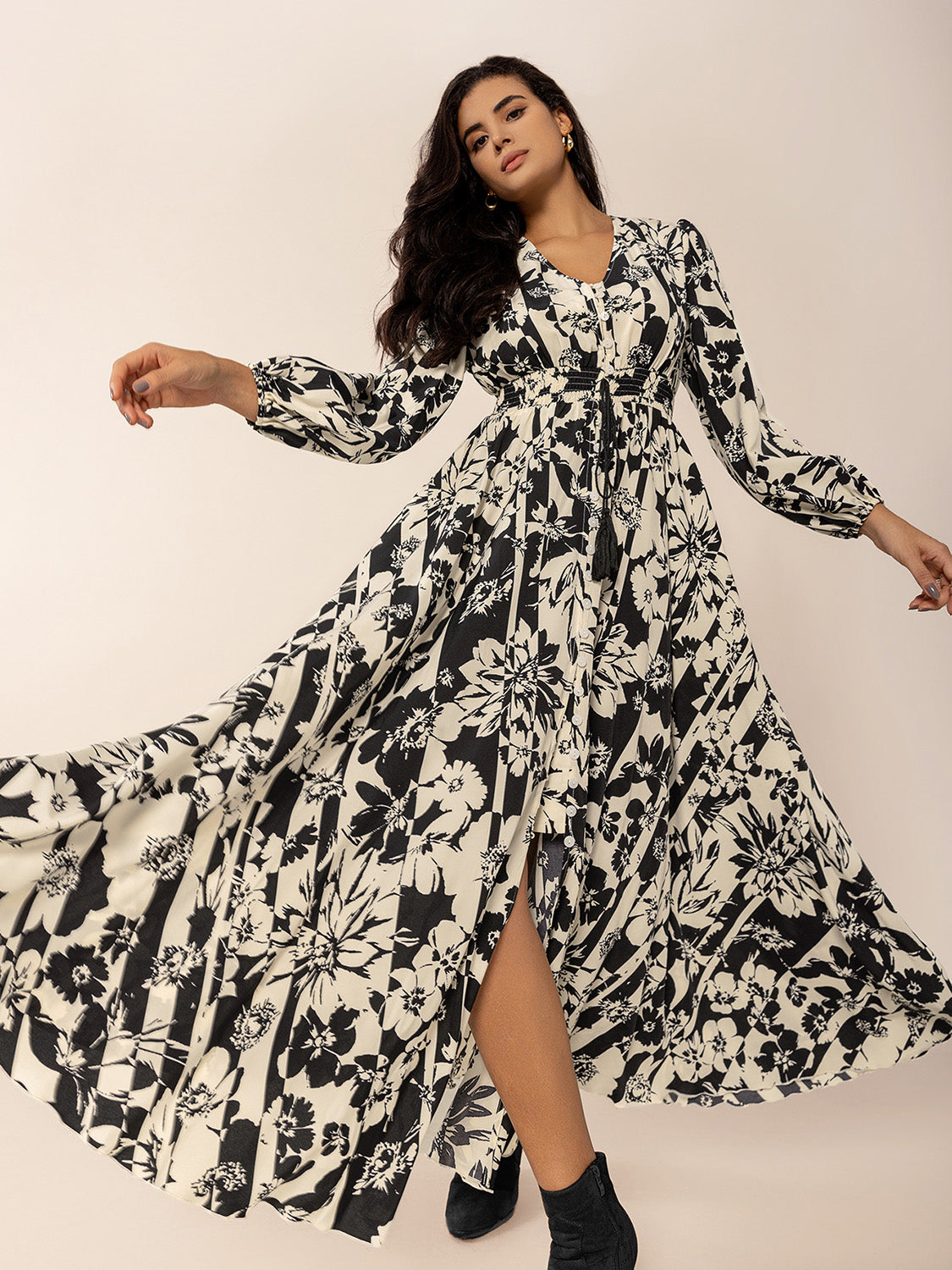 Tied Printed V-Neck Long Sleeve Midi Dress - Classique Collection