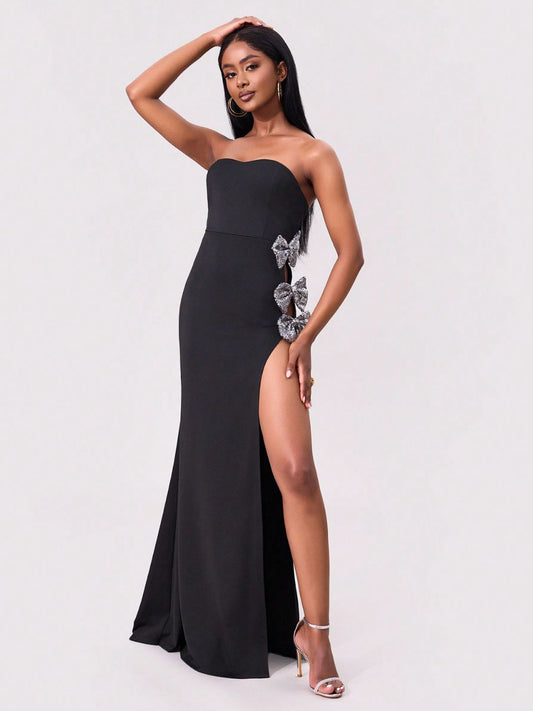 Slit Bow Trim Tube Maxi Dress - Classique Collection