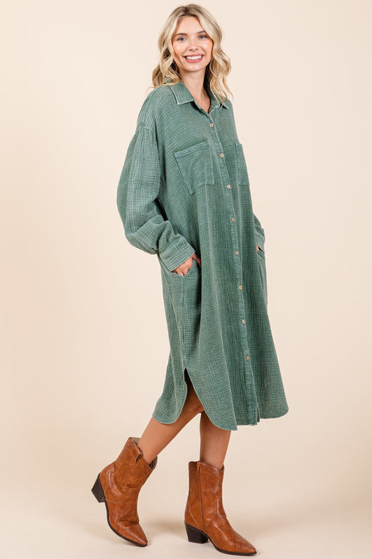 Mittoshop Mineral Wash Cotton Gauze Midi Shirt Dress - Classique Collection