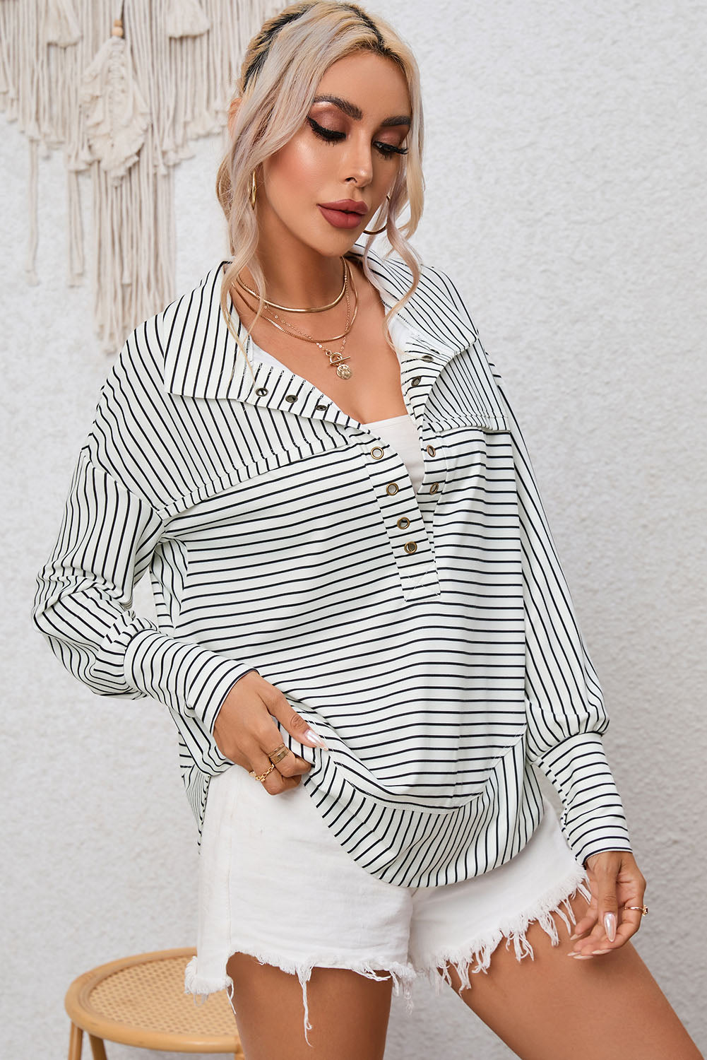 Full Size Striped Collared Top - Classique Collection