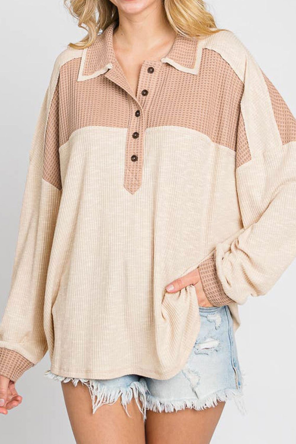 Color Block Half Button Up Blouse - Classique Collection