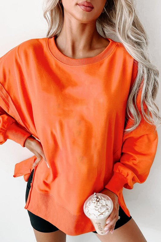 Side Slit Round Neck Long Sleeve Sweatshirt - Classique Collection