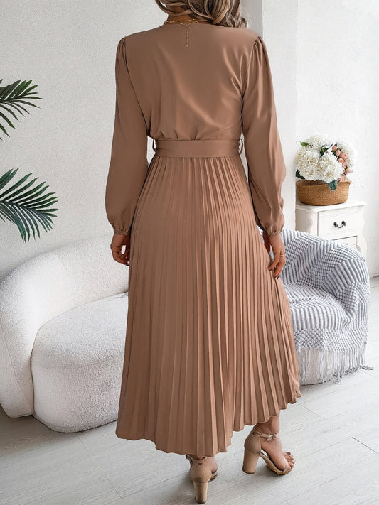 Pleated Tied V-Neck Long Sleeve Dress - Classique Collection