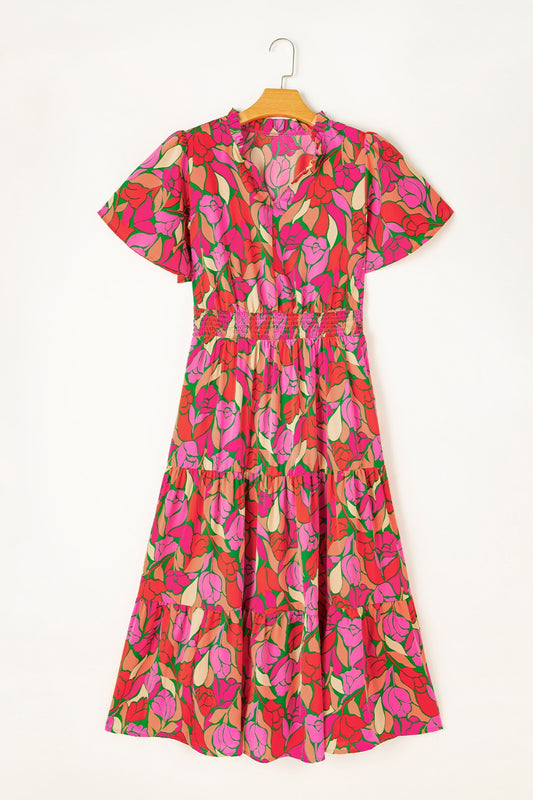 Frill Printed Notched Short Sleeve Midi Dress - Classique Collection