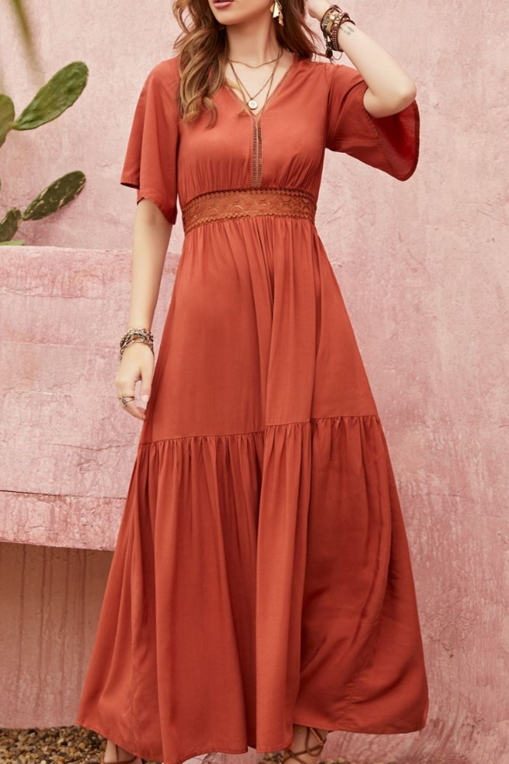 Lace Detail V-Neck Half Sleeve Midi Dress - Classique Collection