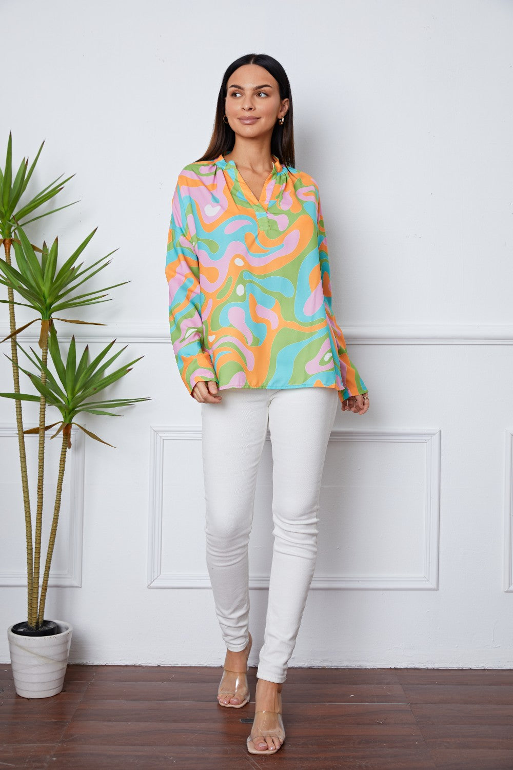 Printed Notched Long Sleeve Blouse - Classique Collection
