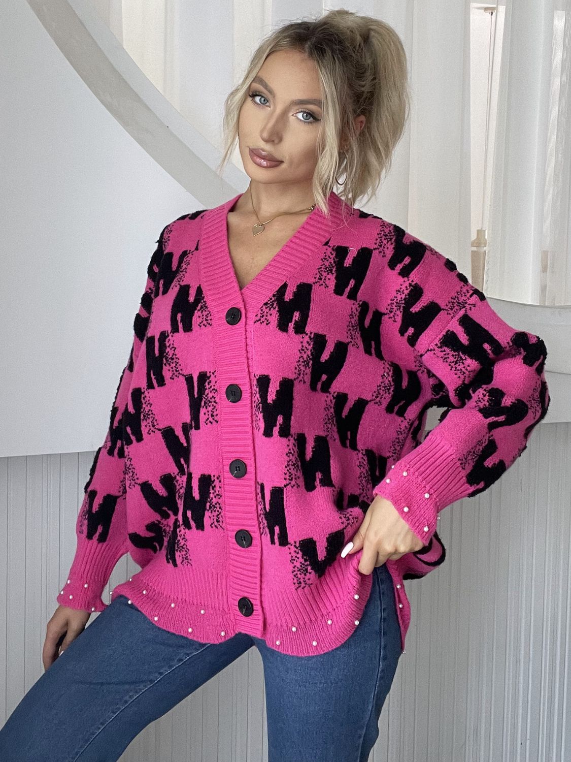 Pearl Trim V-Neck Button Up Cardigan - ClassiQ