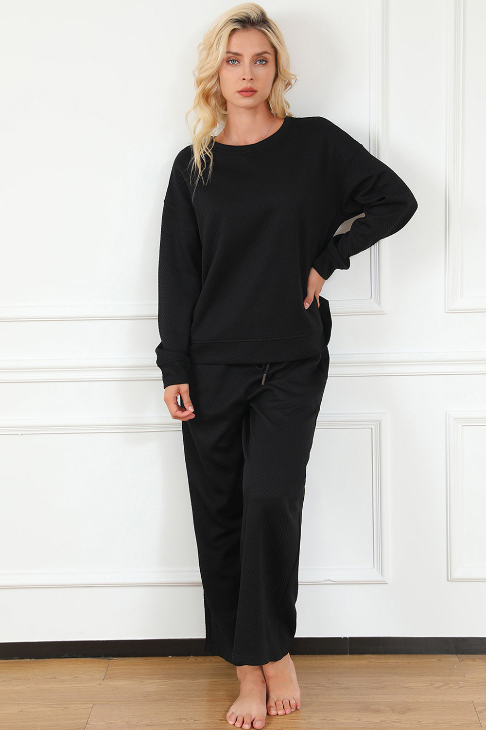 Double Take Full Size Textured Long Sleeve Top and Drawstring Pants Set - ClassiQ