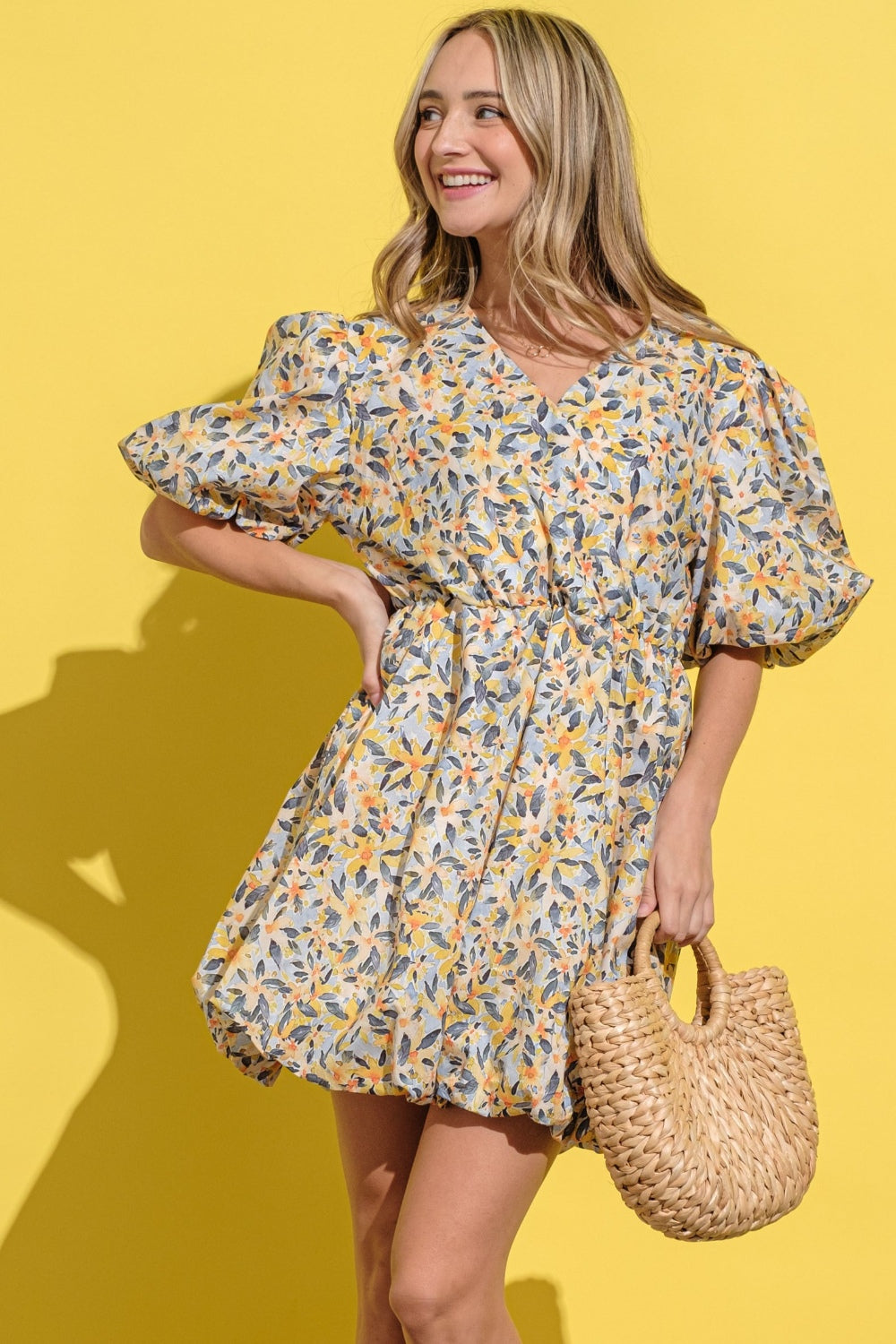 And The Why Full Size Floral Surplice Puff Sleeve Dress - Classique Collection