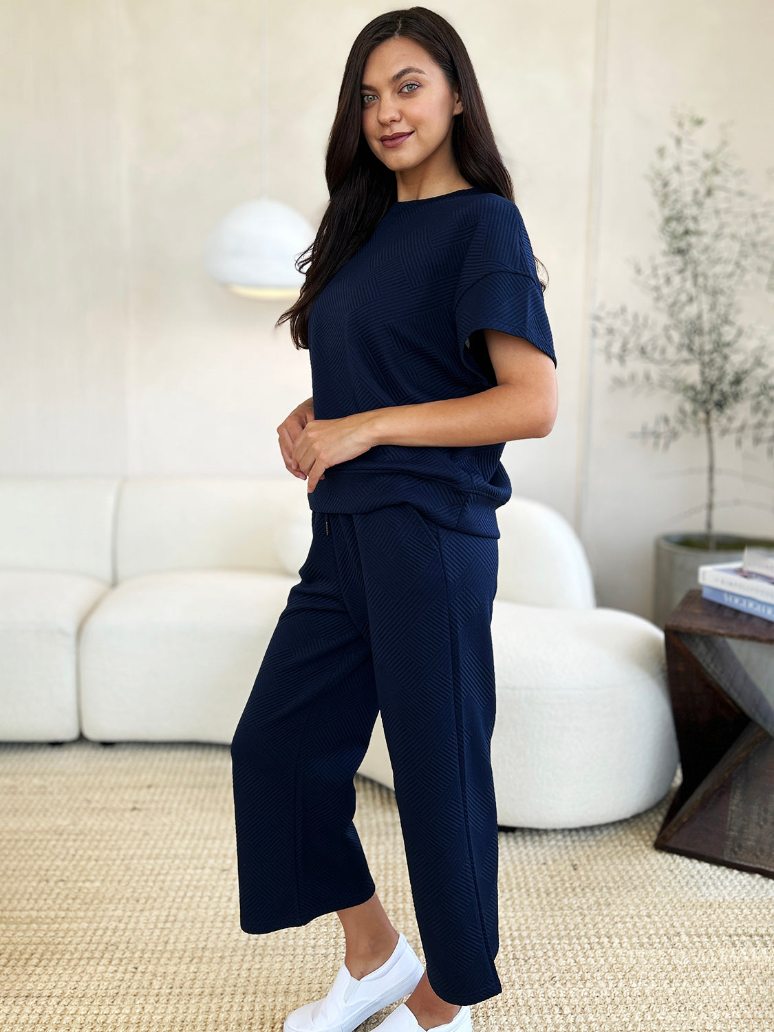 Double Take Full Size Texture Short Sleeve Top and Pants Set - ClassiQ