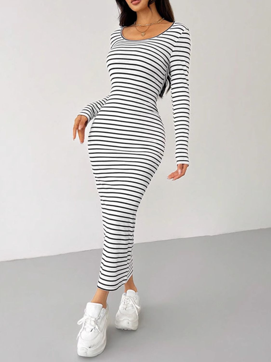 Striped Scoop Neck Long Sleeve Midi Tee Dress - Classique Collection