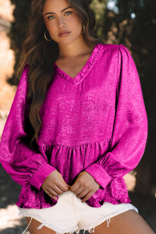 Frill V-Neck Long Sleeve Blouse - Classique Collection
