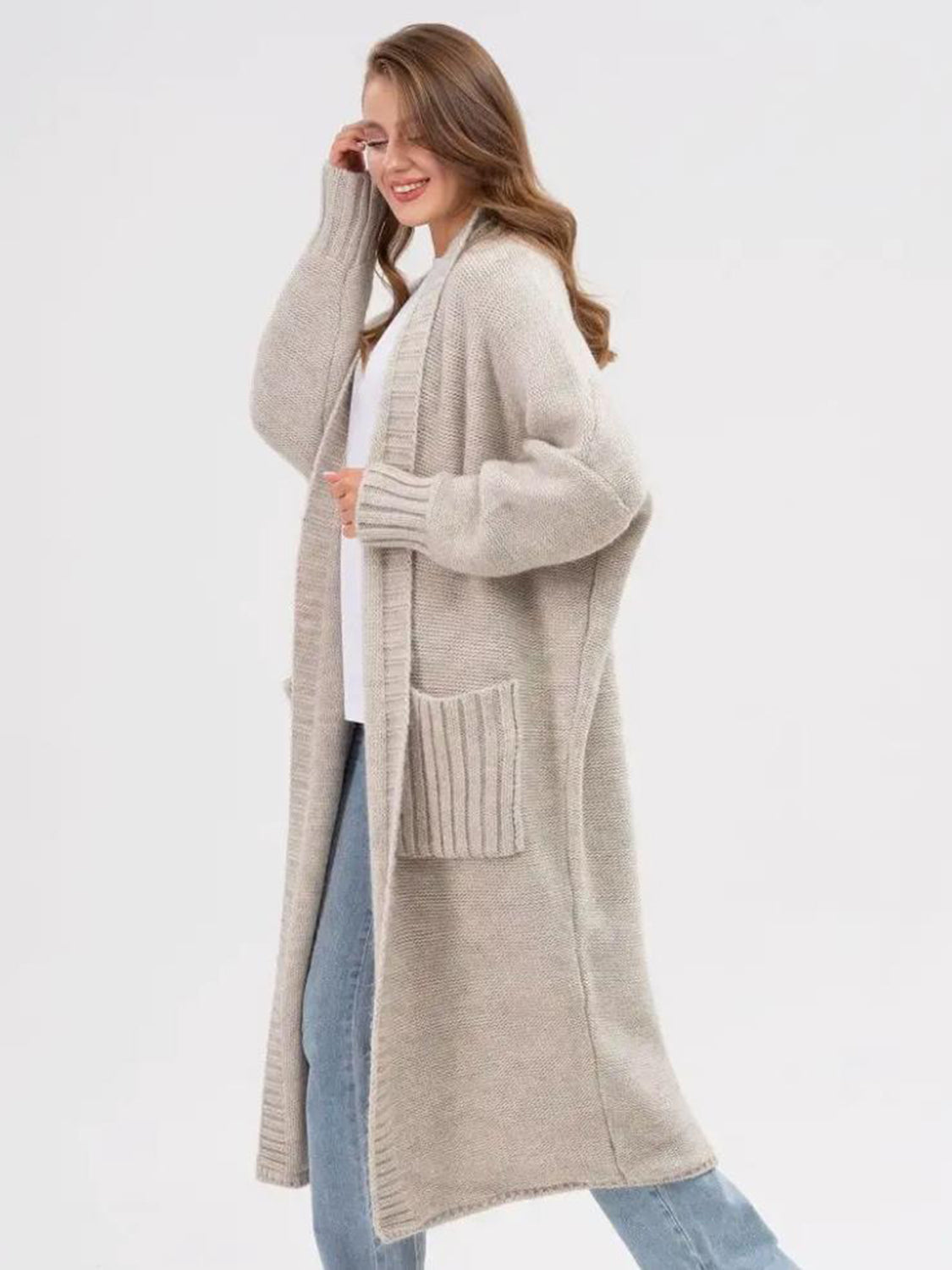 Pocketed Open Front Long Sleeve Longline Cardigan - ClassiQ