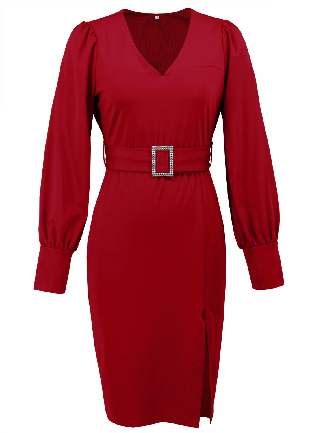 Slit V-Neck Long Sleeve Knee Length Dress - Classique Collection