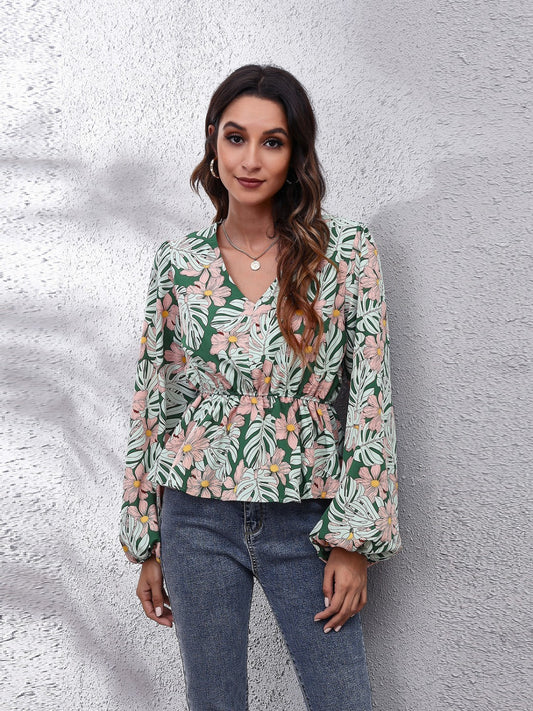 Floral V-Neck Balloon Sleeve Peplum Blouse - Classique Collection