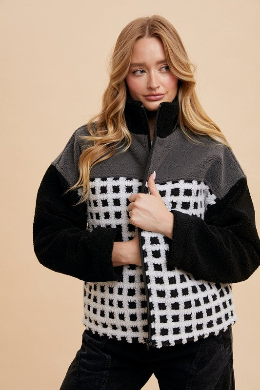 Annie Wear Plaid Zip Up Drop Shoulder Sherpa Jacket - ClassiQ