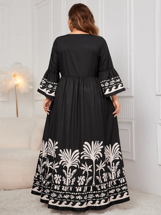 Honey Plus Size Printed V-Neck Long Sleeve Maxi Dress - Classique Collection