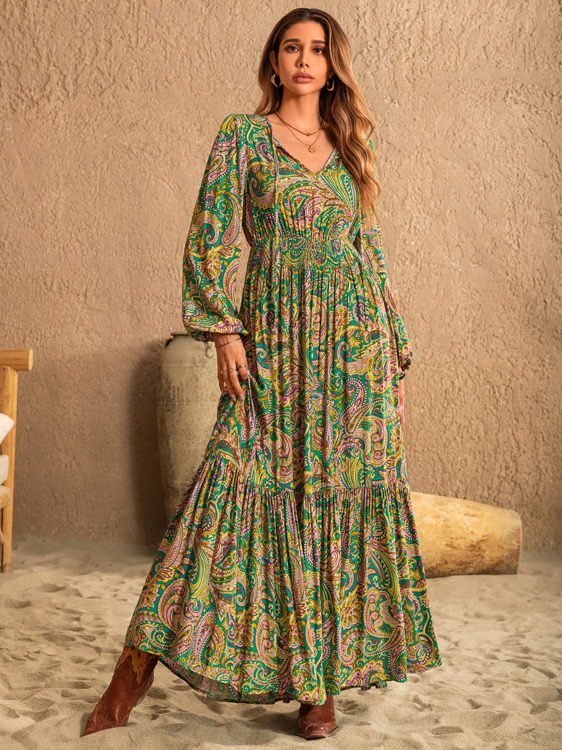 Printed Tie Neck Long Sleeve Dress - Classique Collection