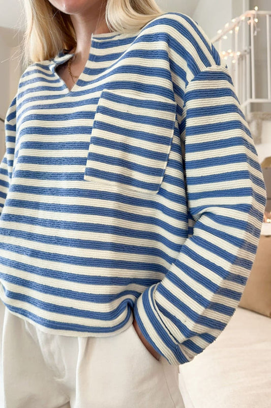 Stripe Chest Pocket Notched Top - Classique Collection