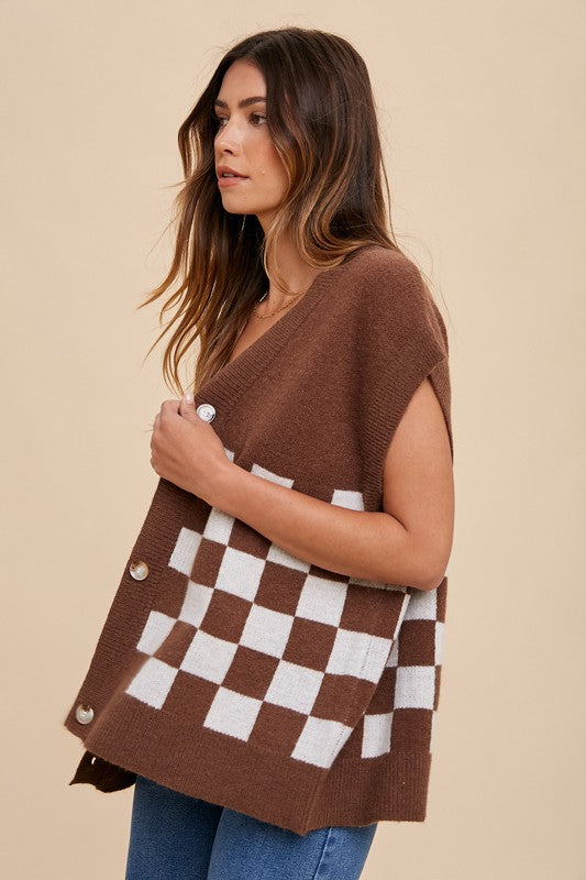 Annie Wear Checkered Button Down Short Sleeve Cardigan - ClassiQ