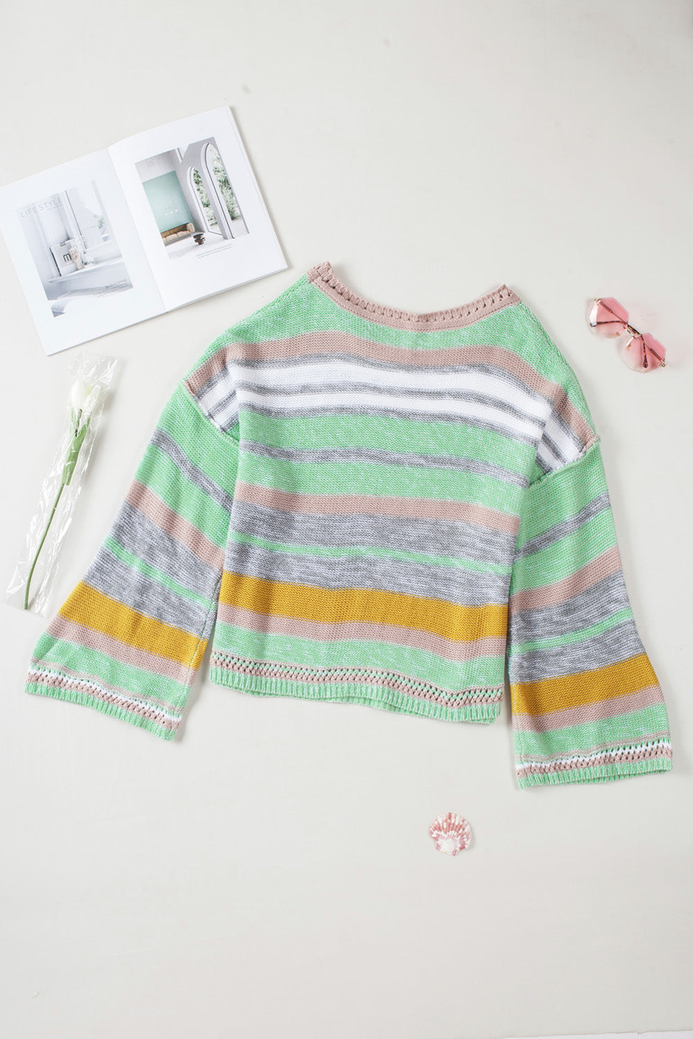 Contrast Striped Boat Neck Dropped Shoulder Sweater - ClassiQ