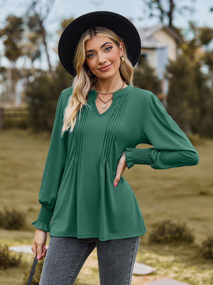 Notched Neck Flounce Sleeve Blouse - Classique Collection