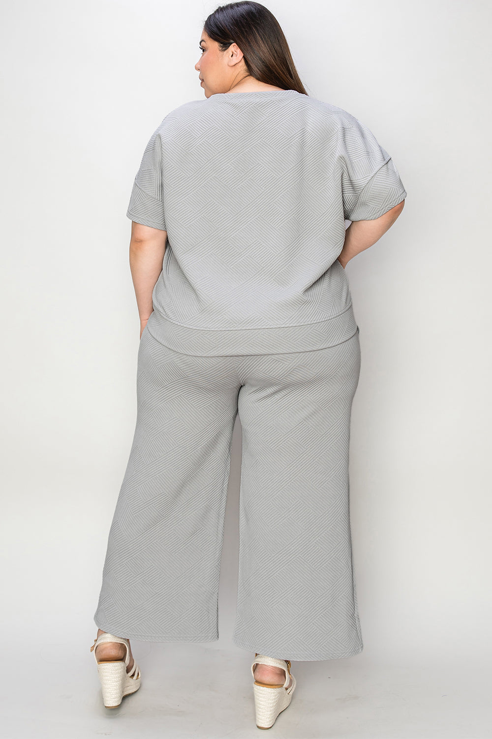 Double Take Full Size Texture Short Sleeve Top and Pants Set - ClassiQ