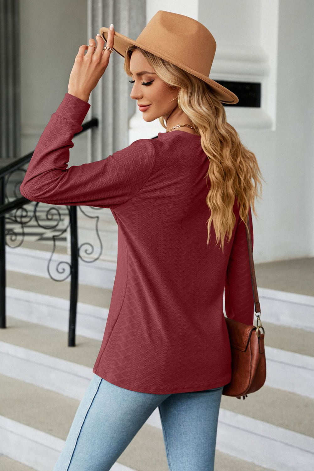 Notched Neck Long Sleeve Buttoned Blouse - Classique Collection