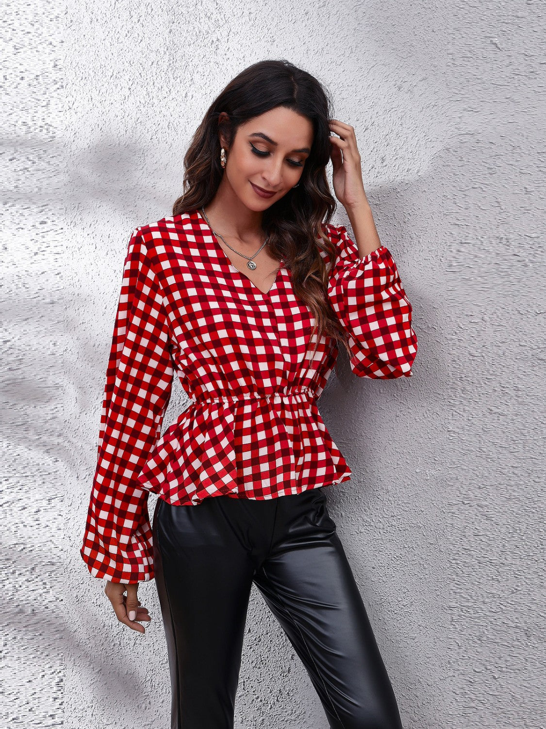 Plaid V-Neck Balloon Sleeve Peplum Blouse - Classique Collection