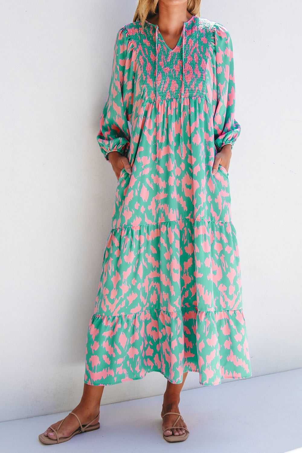 Smocked Printed Tie Neck Long Sleeve Dress - Classique Collection