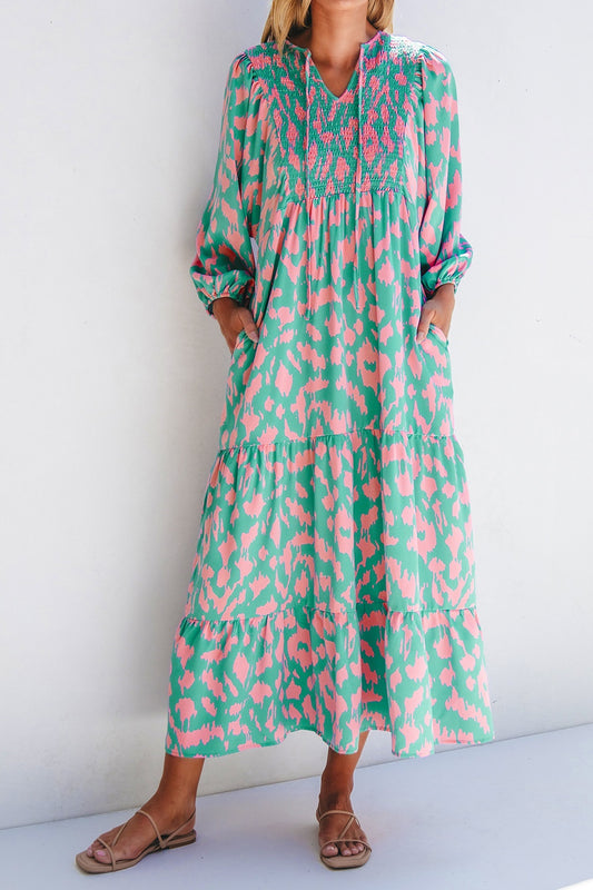 Smocked Printed Tie Neck Long Sleeve Dress - Classique Collection
