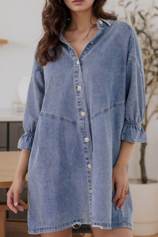 Distressed Collared Neck Flounce Sleeve Denim Dress - Classique Collection