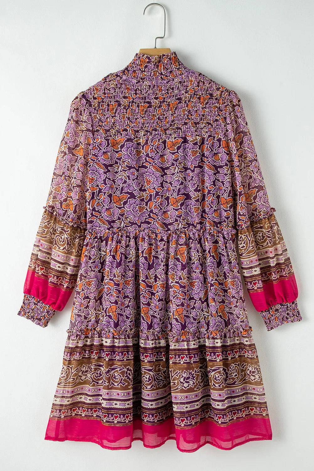 Smocked Floral Turtleneck Long Sleeve Dress - Classique Collection