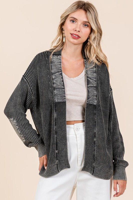 Mittoshop Contrast Patch Open Front Mineral Wash Cardigan - ClassiQ