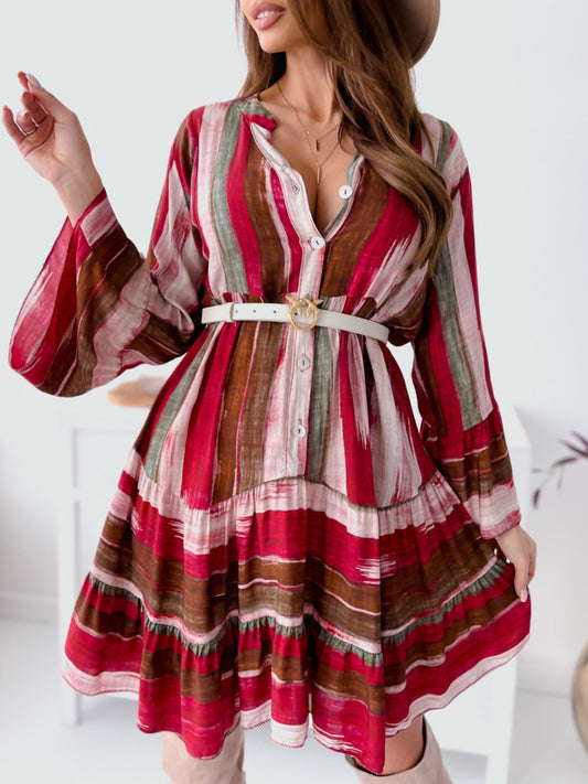 Buttoned Striped Long Sleeve Mini Dress - Classique Collection