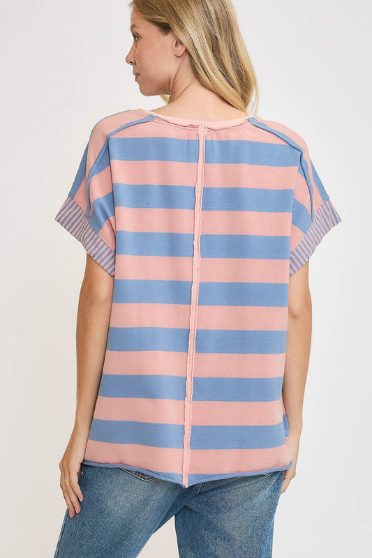 Umgee Peace Sign Patch Striped French Terry T-Shirt - Classique Collection