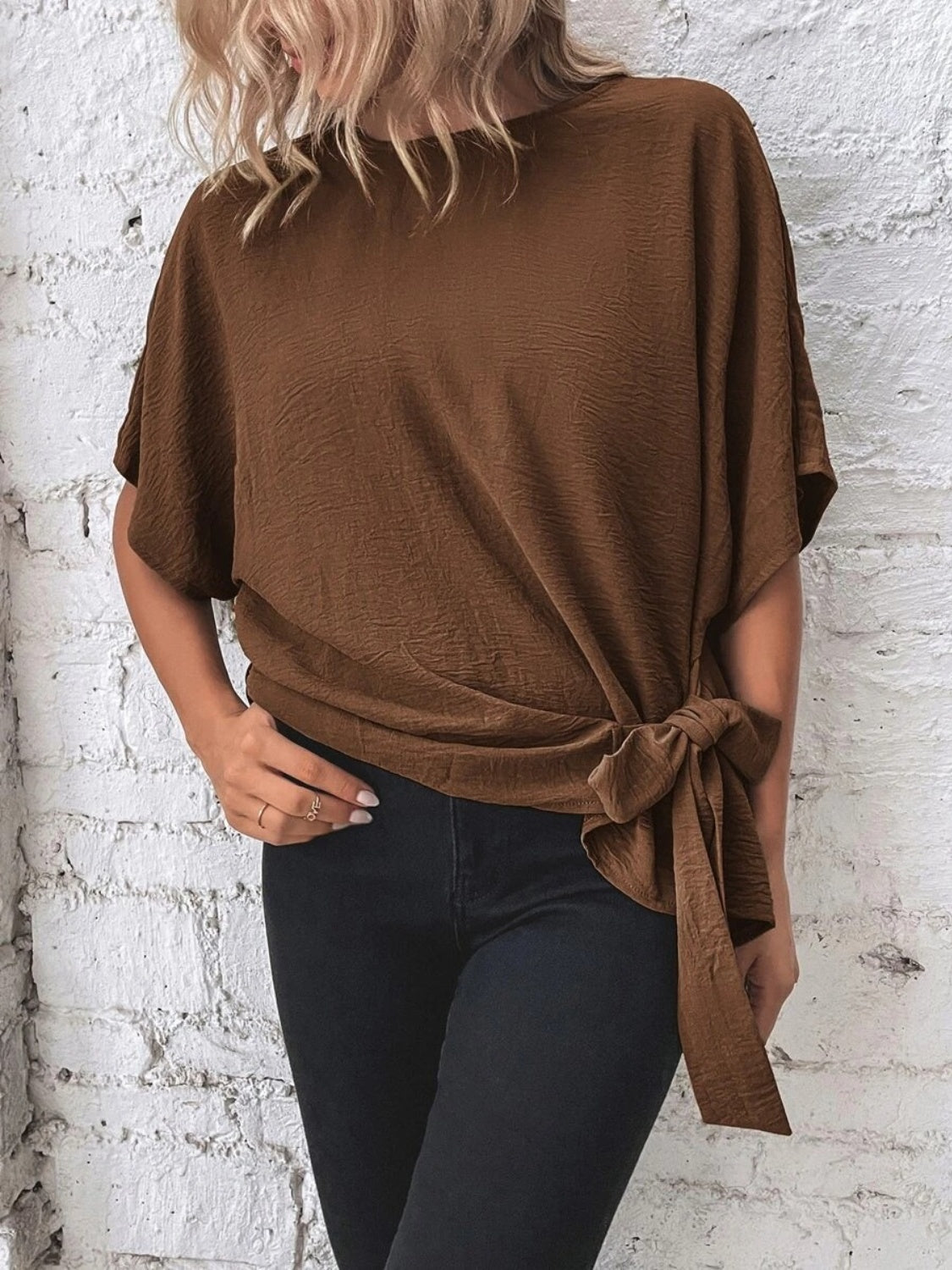 Knotted Round Neck Half Sleeve Blouse - ClassiQ