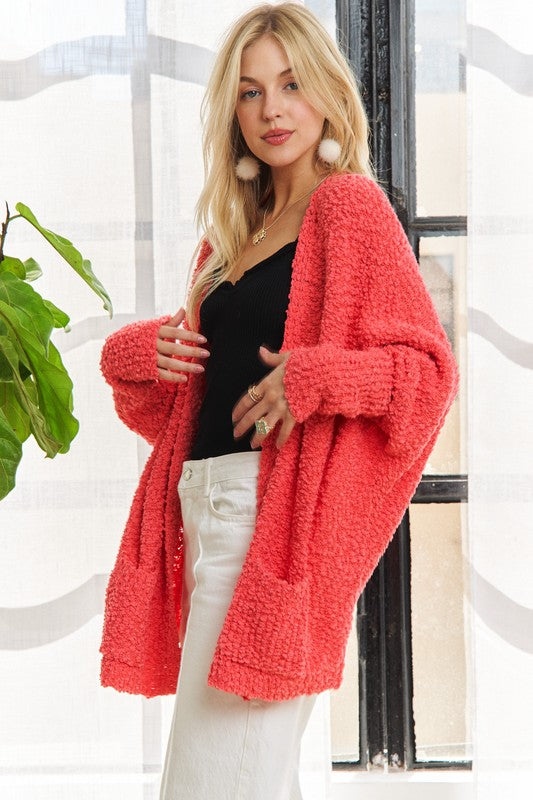 ADORA Popcorn Knit Open Front Long Sleeve Cardigan - ClassiQ