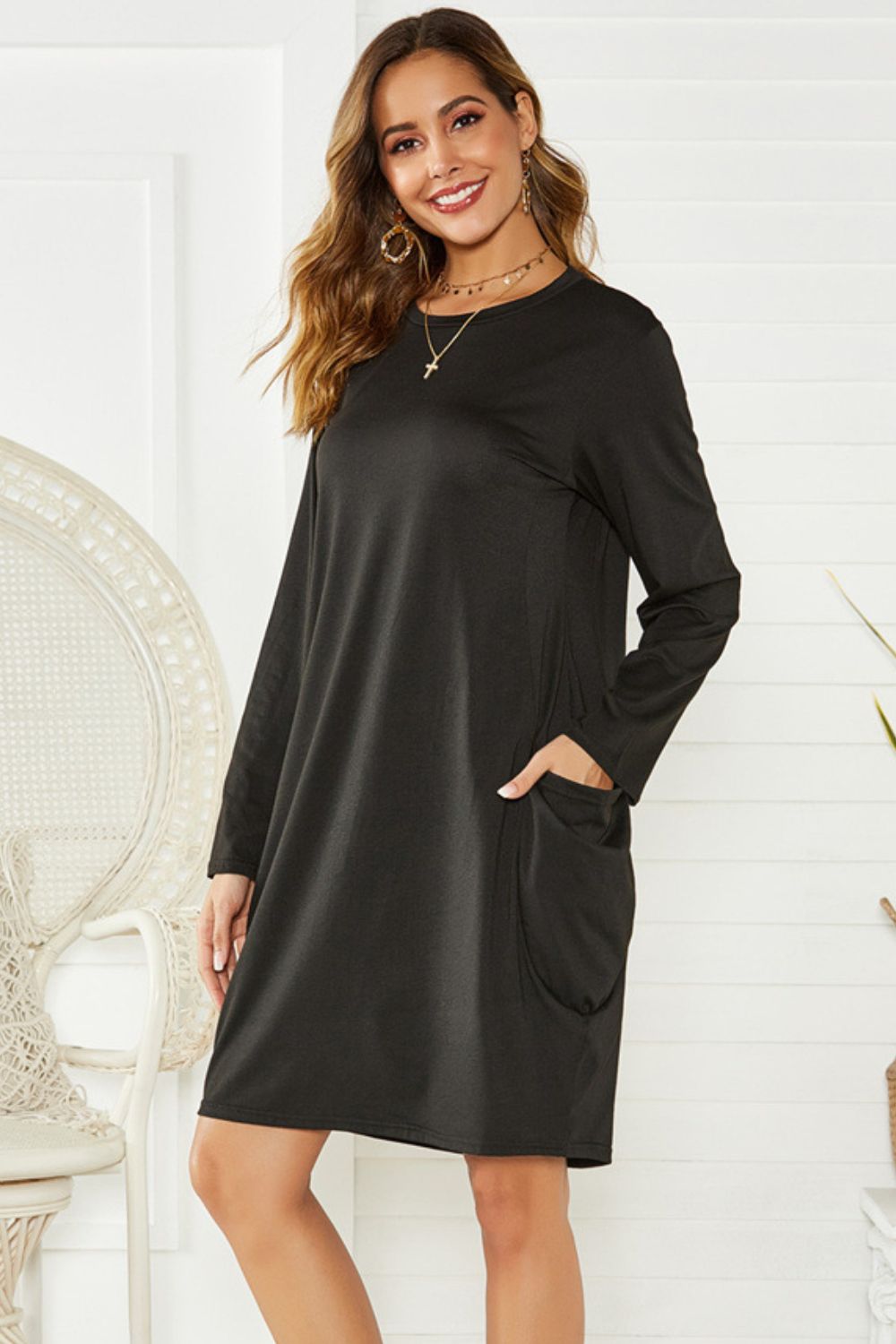 Pocketed Round Neck Long Sleeve Dress - Classique Collection