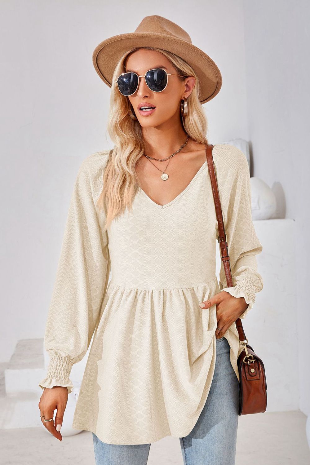 V-Neck Lantern Sleeve Blouse - Classique Collection