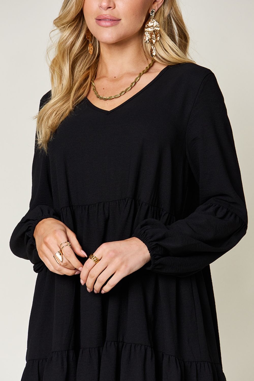 Double Take Full Size V-Neck Balloon Sleeve Tiered Dress with Pockets - Classique Collection